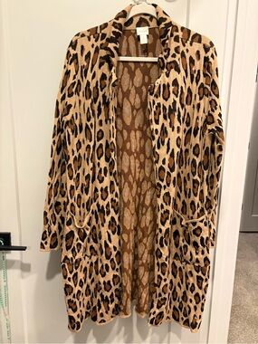 Chico's Leopard Open-Front Long Cardigan in Beige and Brown